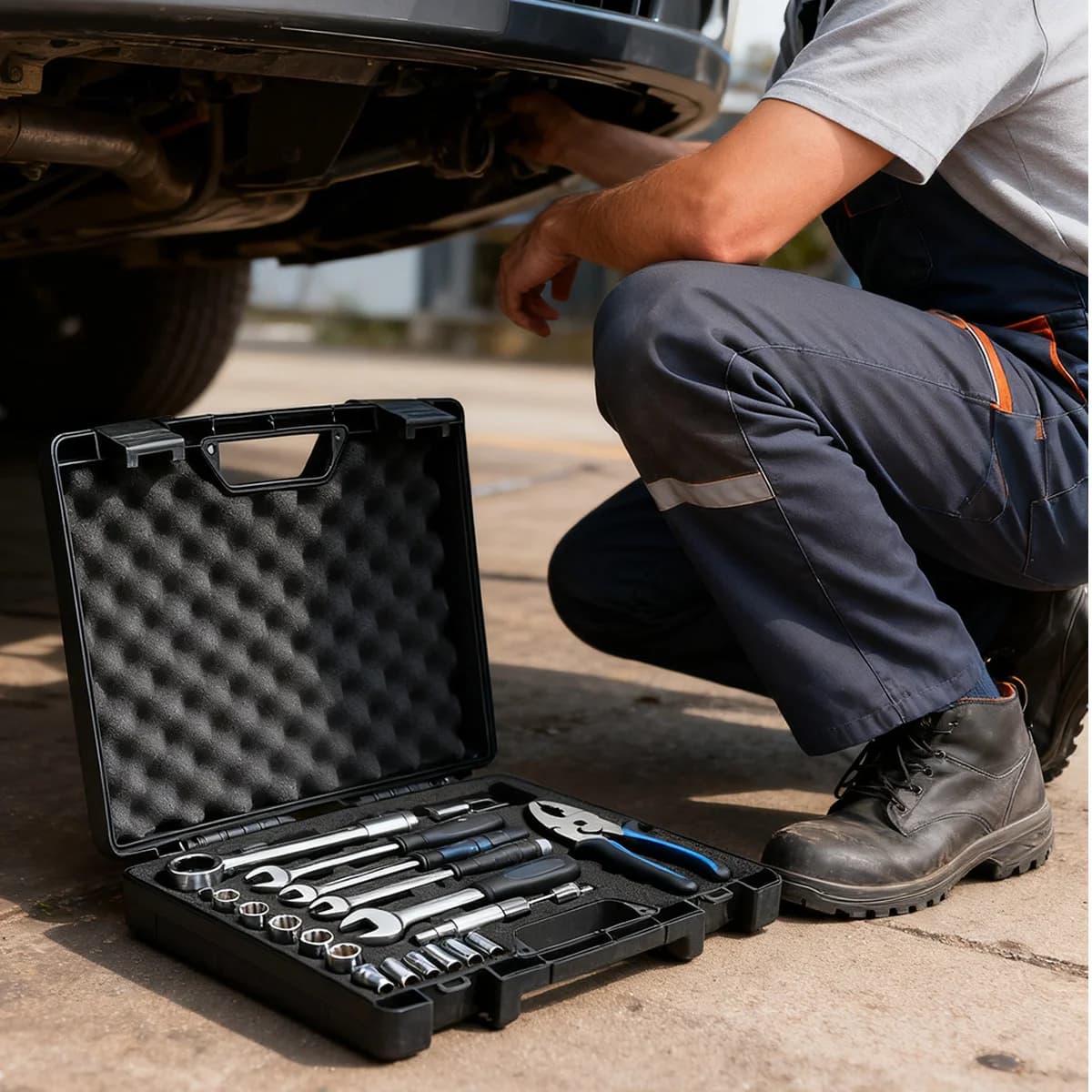 Muovinen kannettava työkalulaatikko autokorjaukseen, sieni mukana